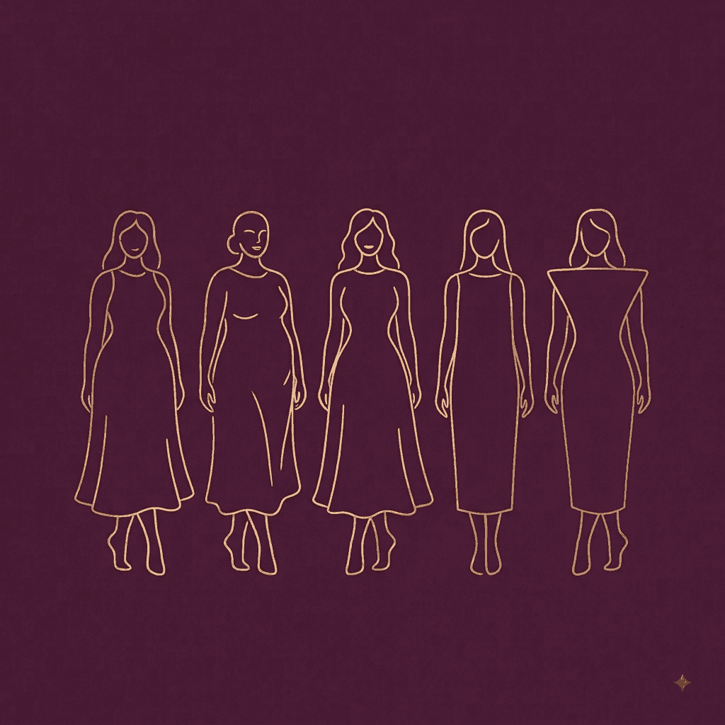 Gold line illustration of five women with different body types, each wearing a flowing dress, on a deep plum background