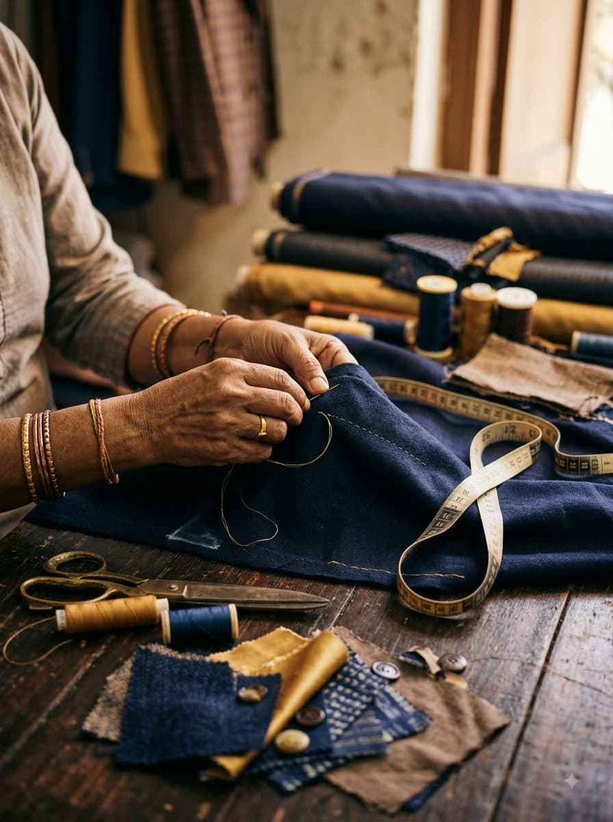 Tailor's hands hand-stitching fabric at a wooden work table, surrounded by thread spools, fabric swatches, and a measuring tape