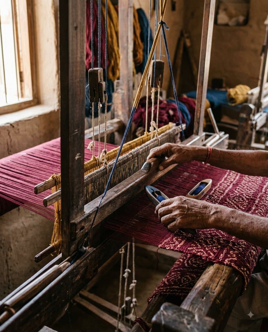 Artisan hands weaving fabric on a traditional handloom
